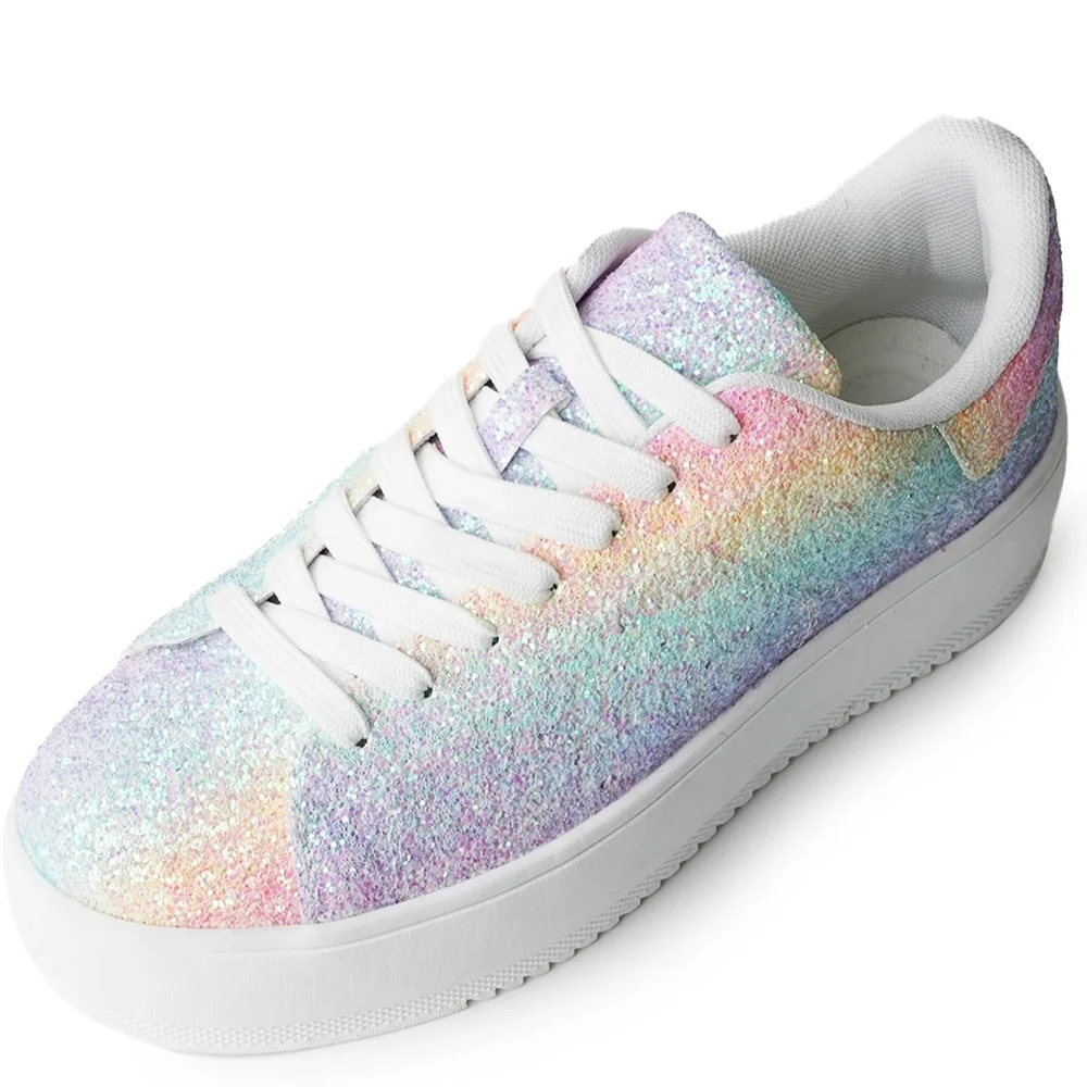 J. Adams Glitter Platform Sneakers Women Size 10 Rainbow Sparkle Lace-Up - Picture 3 of 3